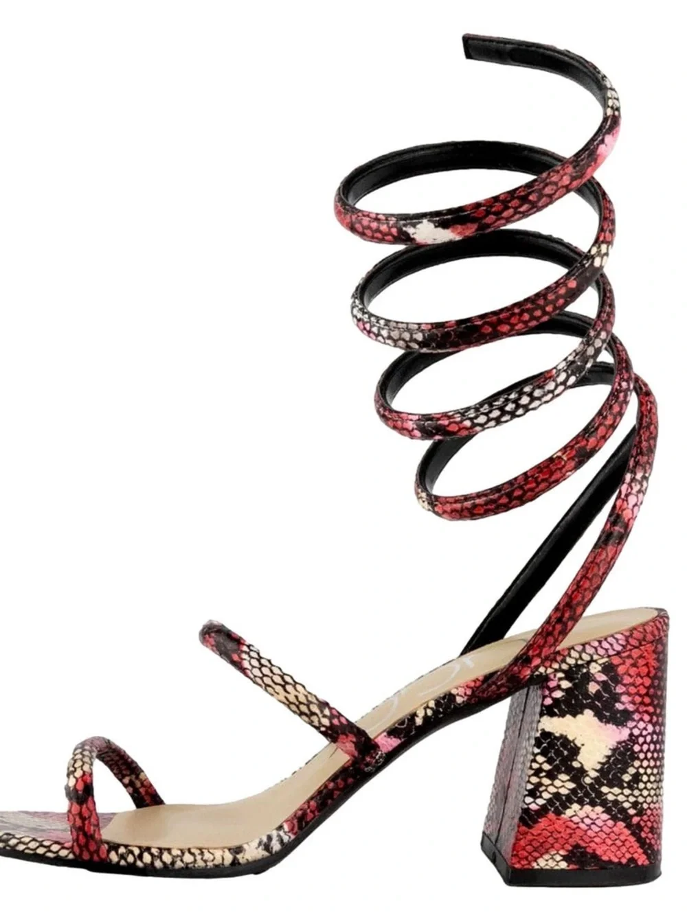 Sugar Red Snake-Print Spiraled Ankle Wrap Block Heel Sandal-New